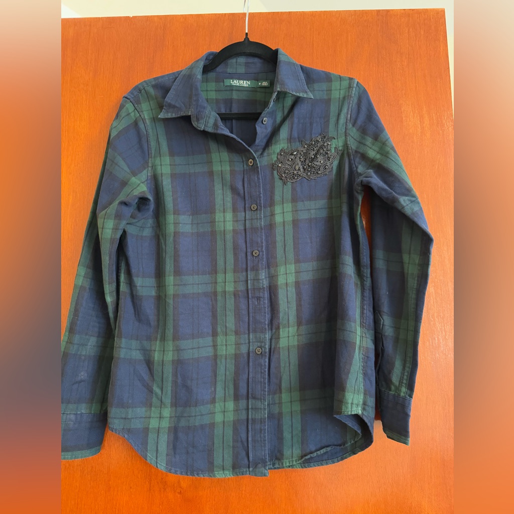 Lauren Ralph Lauren Womens Shirt Size M Navy & Green Plaid Button Up Shirt